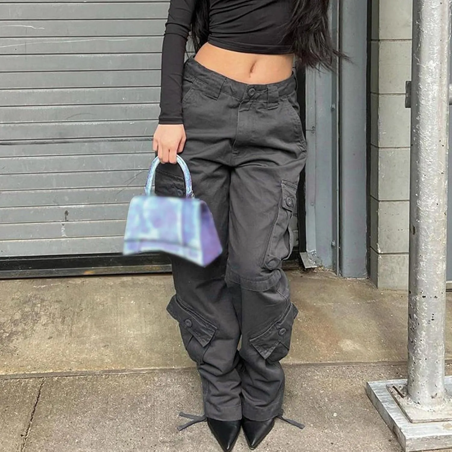 Womens Casual Loose Wide Leg Straight Demin Cargo Pants Trousers with Pockets Strecthy Paddy Skinny High-Rise Slim Fit Long