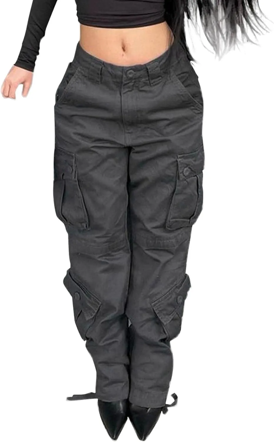 Womens Casual Loose Wide Leg Straight Demin Cargo Pants Trousers with Pockets Strecthy Paddy Skinny High-Rise Slim Fit Long