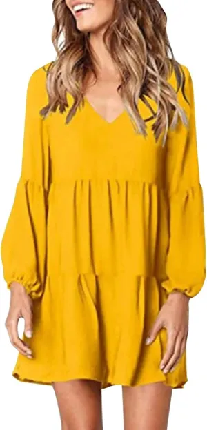 Women's Chiffon Funny Work Dresses for Women 2024 V Neck Summer Dresses Ruffle Pleated Long Sleeve Black Summer Dress