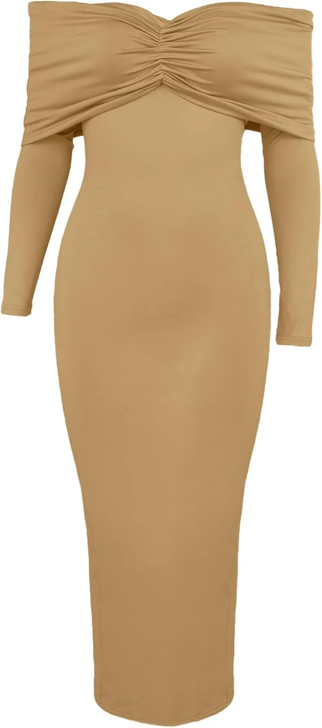 Womens Cocktail Dress Off Shoulder Long Sleeve Y2K Evening Party Bodycon Maxi Dress
