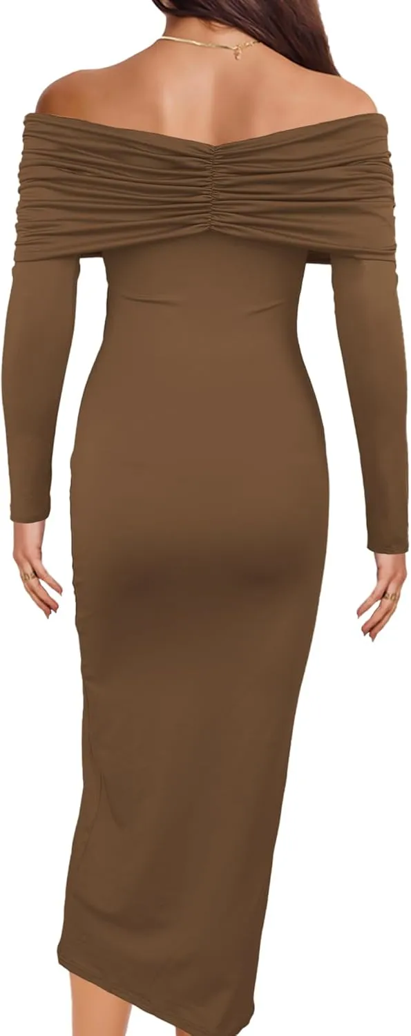 Womens Cocktail Dress Off Shoulder Long Sleeve Y2K Evening Party Bodycon Maxi Dress