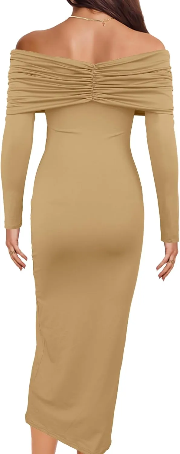 Womens Cocktail Dress Off Shoulder Long Sleeve Y2K Evening Party Bodycon Maxi Dress