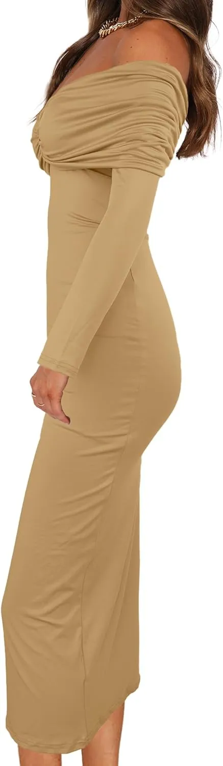 Womens Cocktail Dress Off Shoulder Long Sleeve Y2K Evening Party Bodycon Maxi Dress