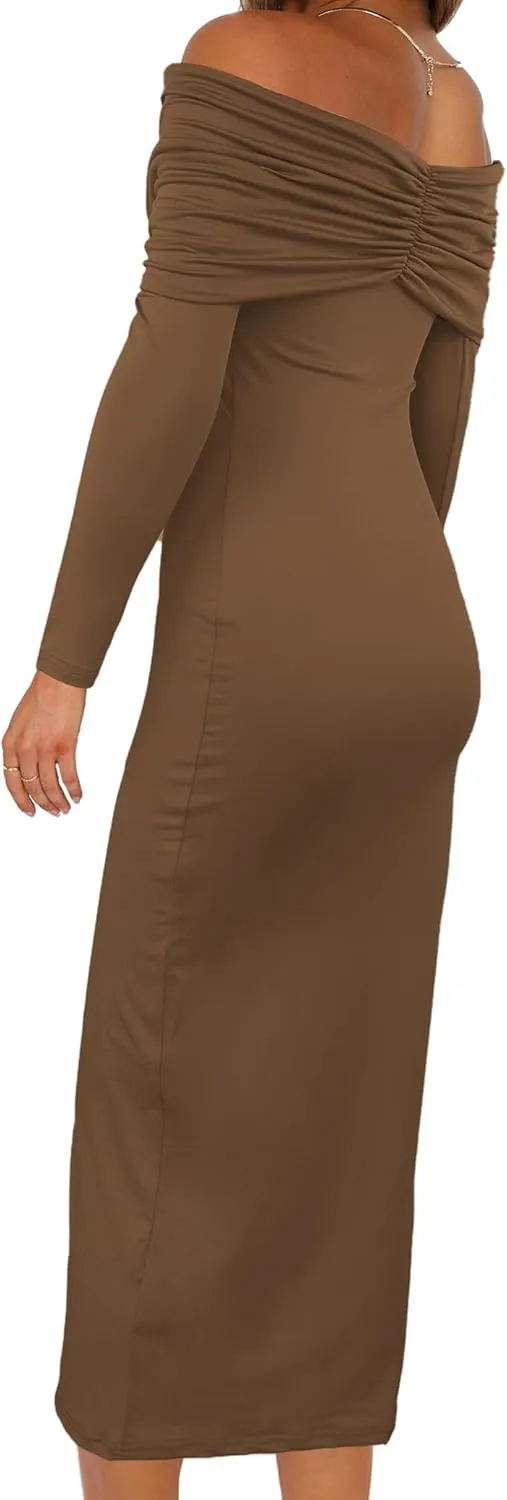 Womens Cocktail Dress Off Shoulder Long Sleeve Y2K Evening Party Bodycon Maxi Dress