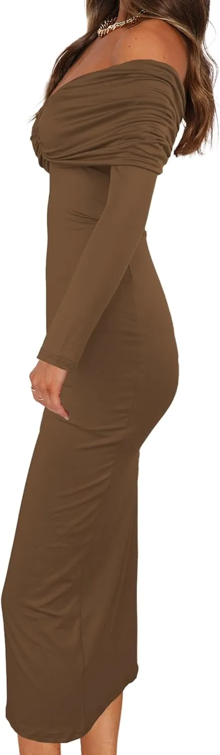 Womens Cocktail Dress Off Shoulder Long Sleeve Y2K Evening Party Bodycon Maxi Dress