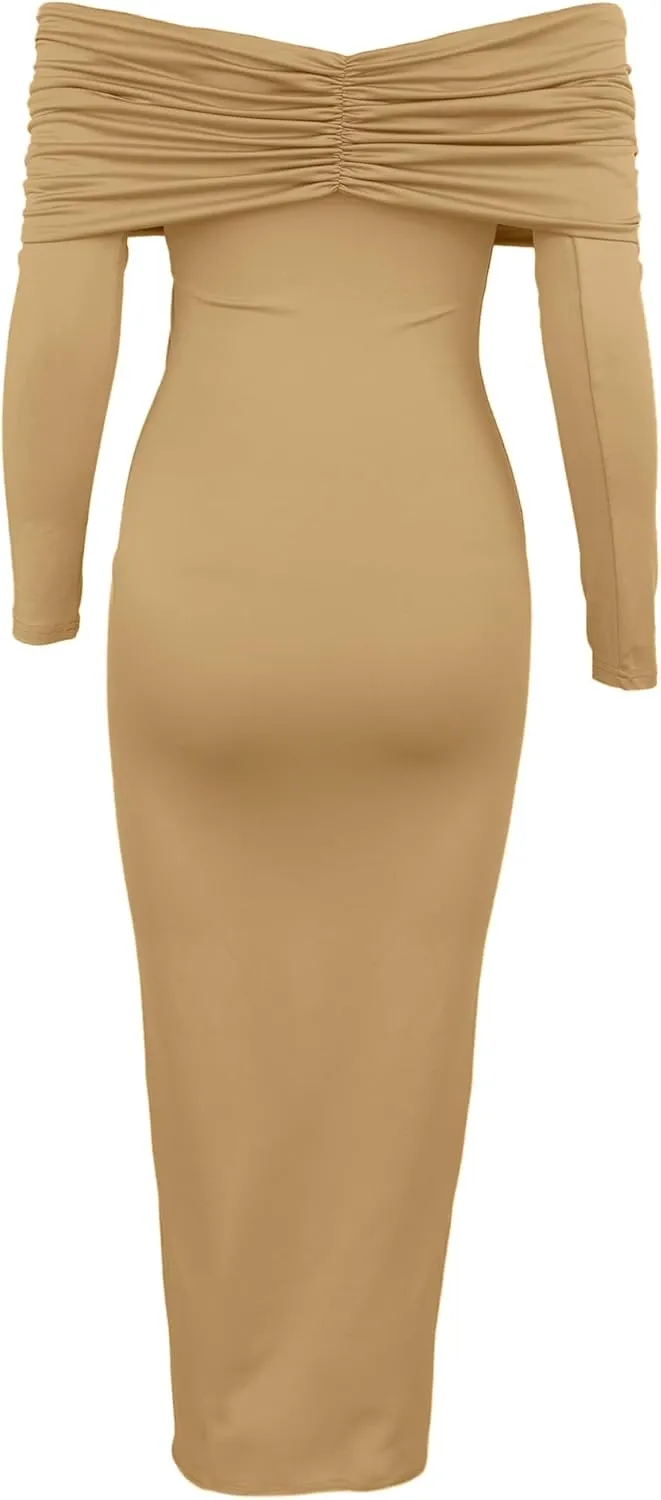 Womens Cocktail Dress Off Shoulder Long Sleeve Y2K Evening Party Bodycon Maxi Dress