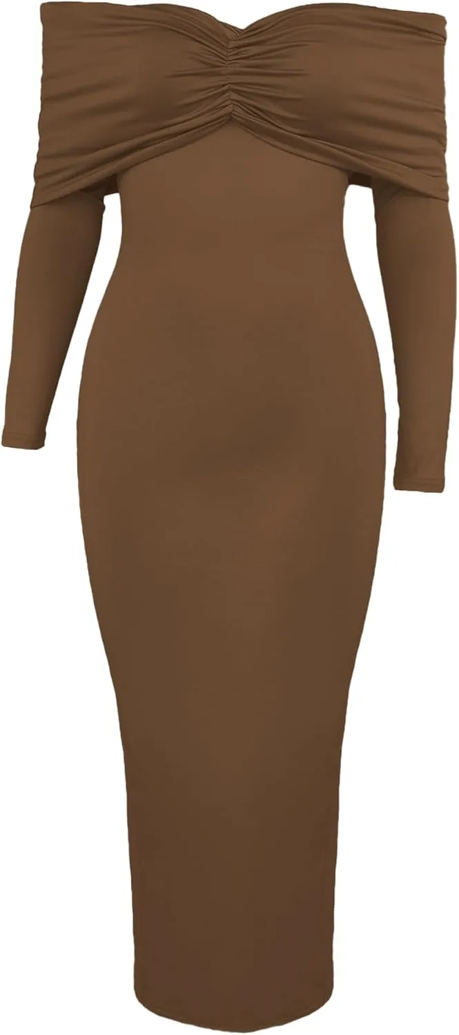 Womens Cocktail Dress Off Shoulder Long Sleeve Y2K Evening Party Bodycon Maxi Dress