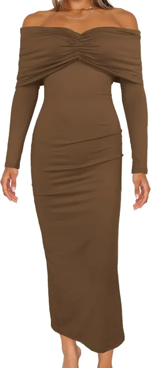 Womens Cocktail Dress Off Shoulder Long Sleeve Y2K Evening Party Bodycon Maxi Dress