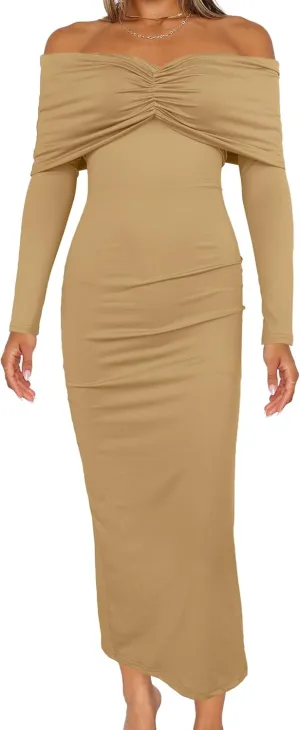 Womens Cocktail Dress Off Shoulder Long Sleeve Y2K Evening Party Bodycon Maxi Dress