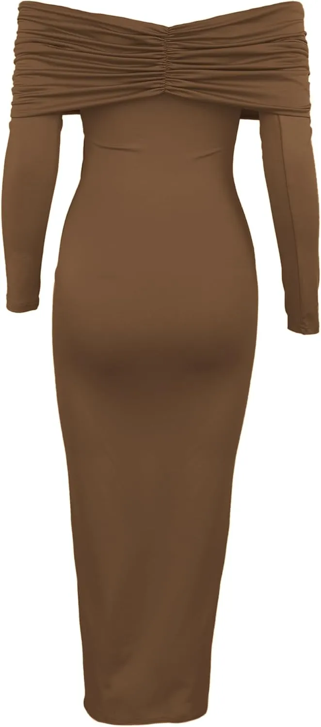 Womens Cocktail Dress Off Shoulder Long Sleeve Y2K Evening Party Bodycon Maxi Dress