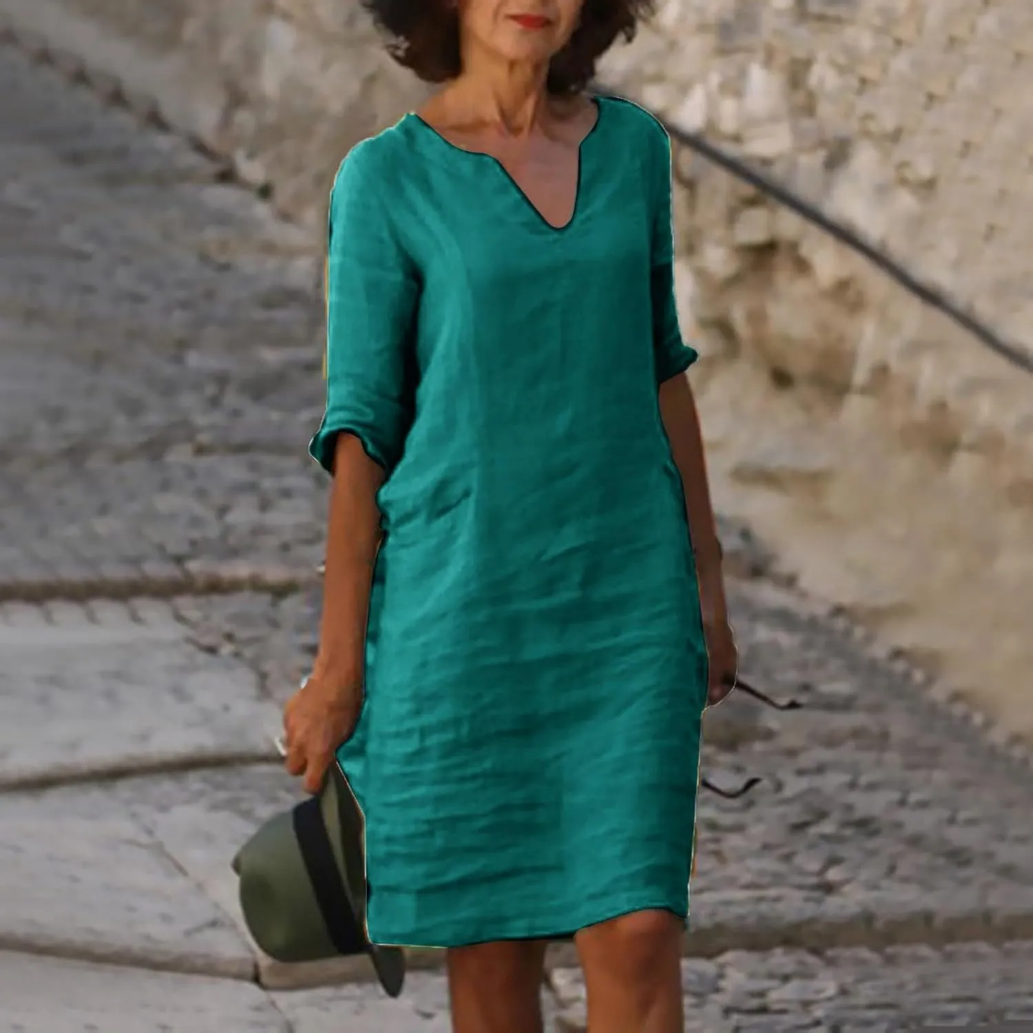 Women's Cotton Linen Dresses Summer Short Sleeve Button Dwon Midi Dress Beach Wear Trendy Spring Vacation Clothes