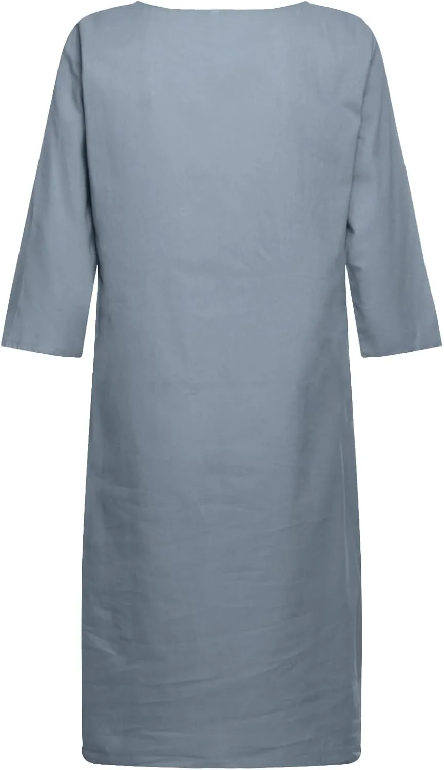 Women's Cotton Linen Dresses Summer Short Sleeve Button Dwon Midi Dress Beach Wear Trendy Spring Vacation Clothes