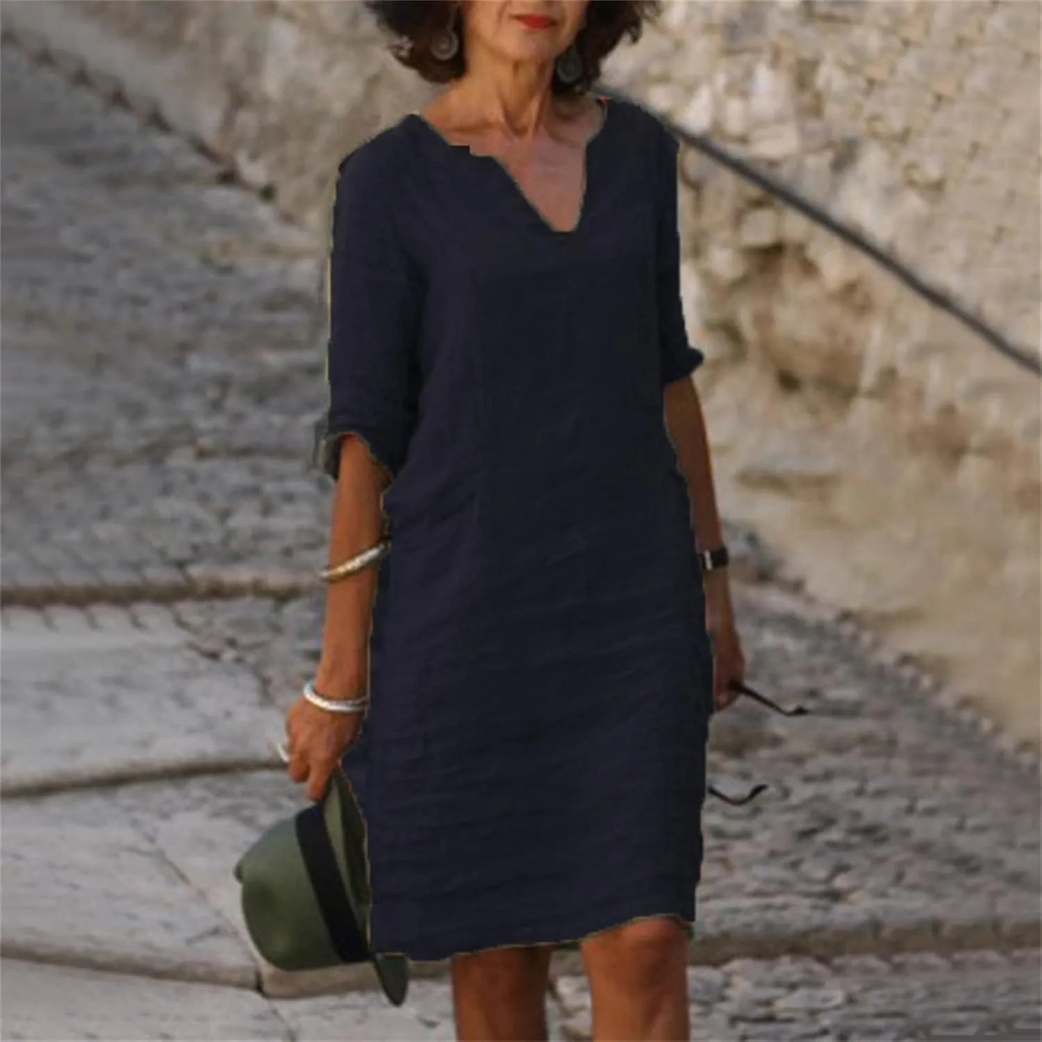 Women's Cotton Linen Dresses Summer Short Sleeve Button Dwon Midi Dress Beach Wear Trendy Spring Vacation Clothes