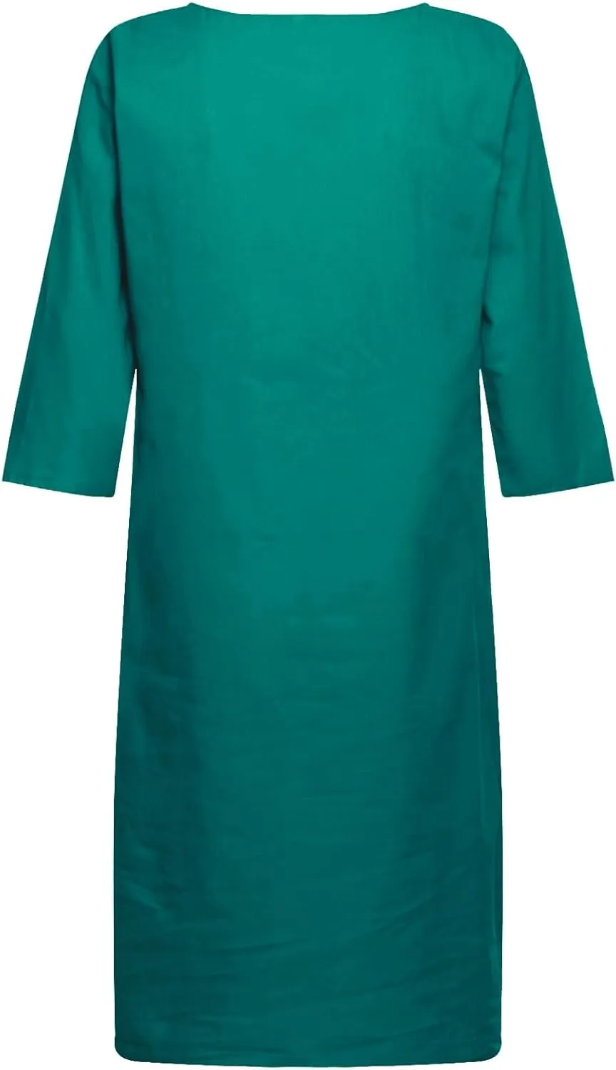 Women's Cotton Linen Dresses Summer Short Sleeve Button Dwon Midi Dress Beach Wear Trendy Spring Vacation Clothes