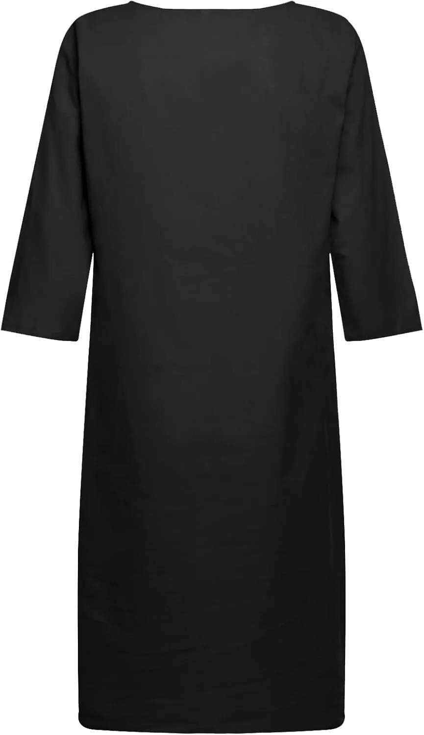 Women's Cotton Linen Dresses Summer Short Sleeve Button Dwon Midi Dress Beach Wear Trendy Spring Vacation Clothes