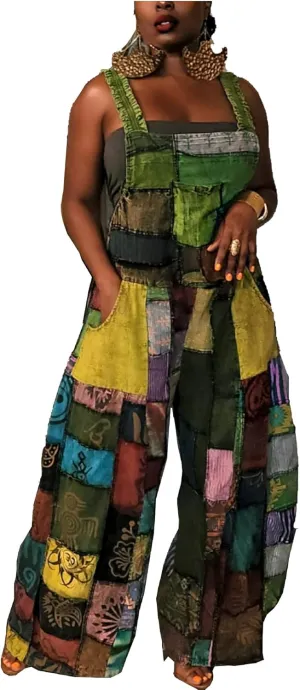 Women's Cotton Linen Patchwork Jumpsuits Baggy Sleeveless Long Rompers Casual Loose Wide Leg Summer Pants