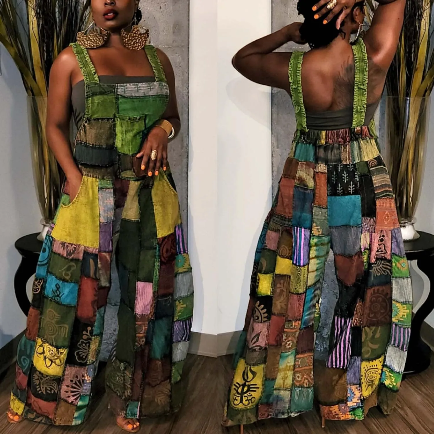 Women's Cotton Linen Patchwork Jumpsuits Baggy Sleeveless Long Rompers Casual Loose Wide Leg Summer Pants
