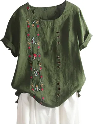 Womens Cotton Linen Summer Tops Short Sleeve Blouse Shirts Boho Peasant Tunics Shirt Trendy Cute Clothing 2024