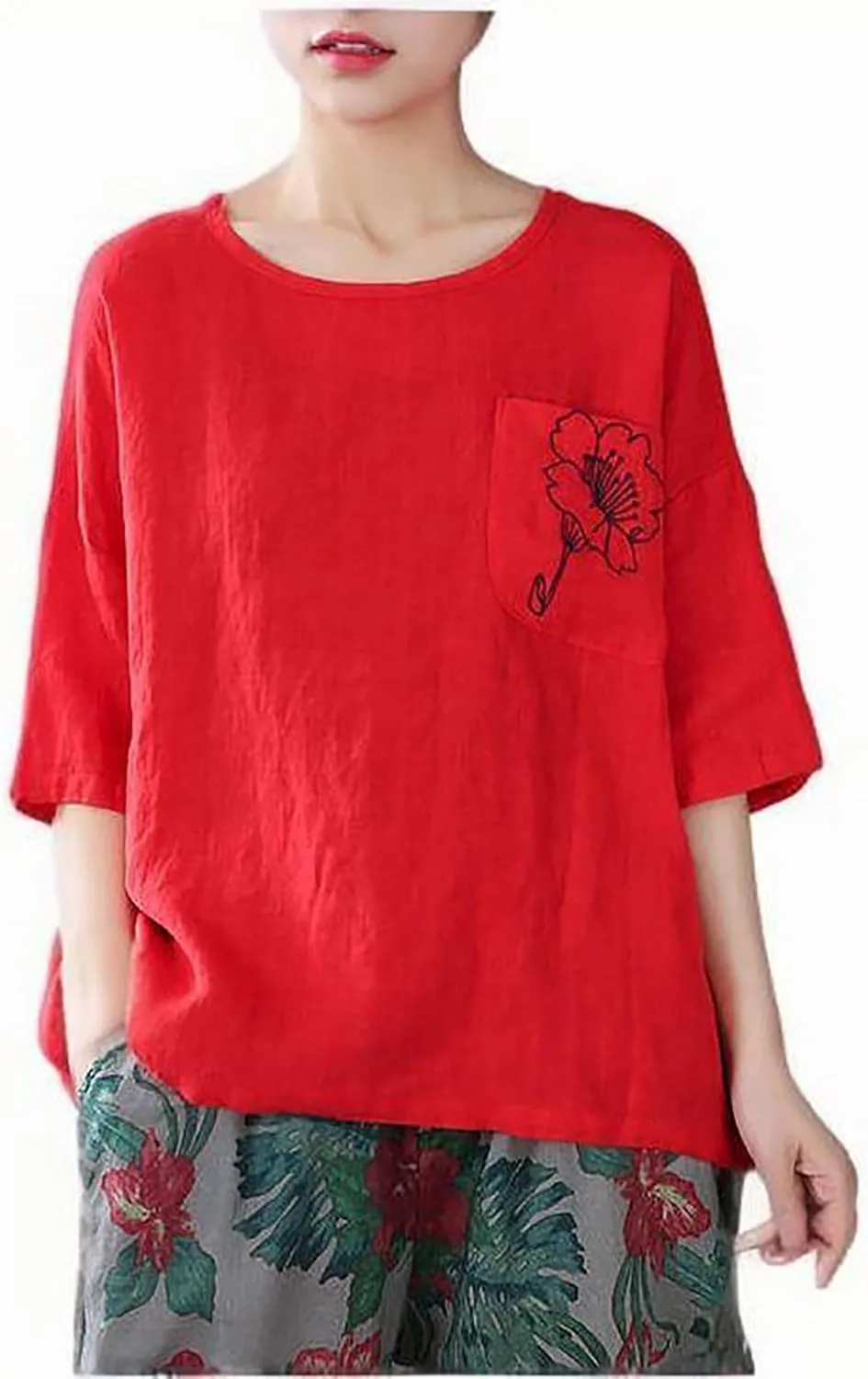 Womens Cotton Linen T-Shirts Casual Crewneck Short Sleeve Tops Summer Holiday Lounge Tees Vacation Blouses