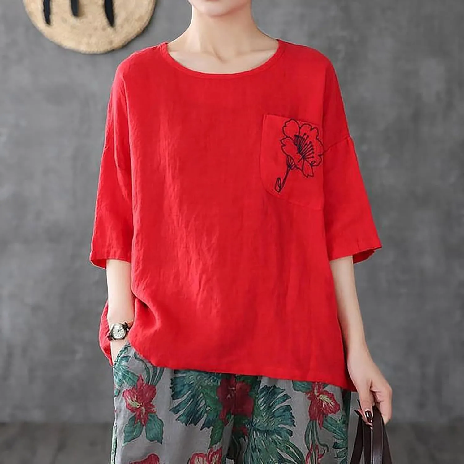 Womens Cotton Linen T-Shirts Casual Crewneck Short Sleeve Tops Summer Holiday Lounge Tees Vacation Blouses