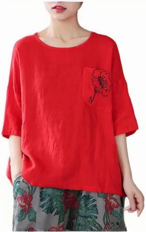 Womens Cotton Linen T-Shirts Casual Crewneck Short Sleeve Tops Summer Holiday Lounge Tees Vacation Blouses