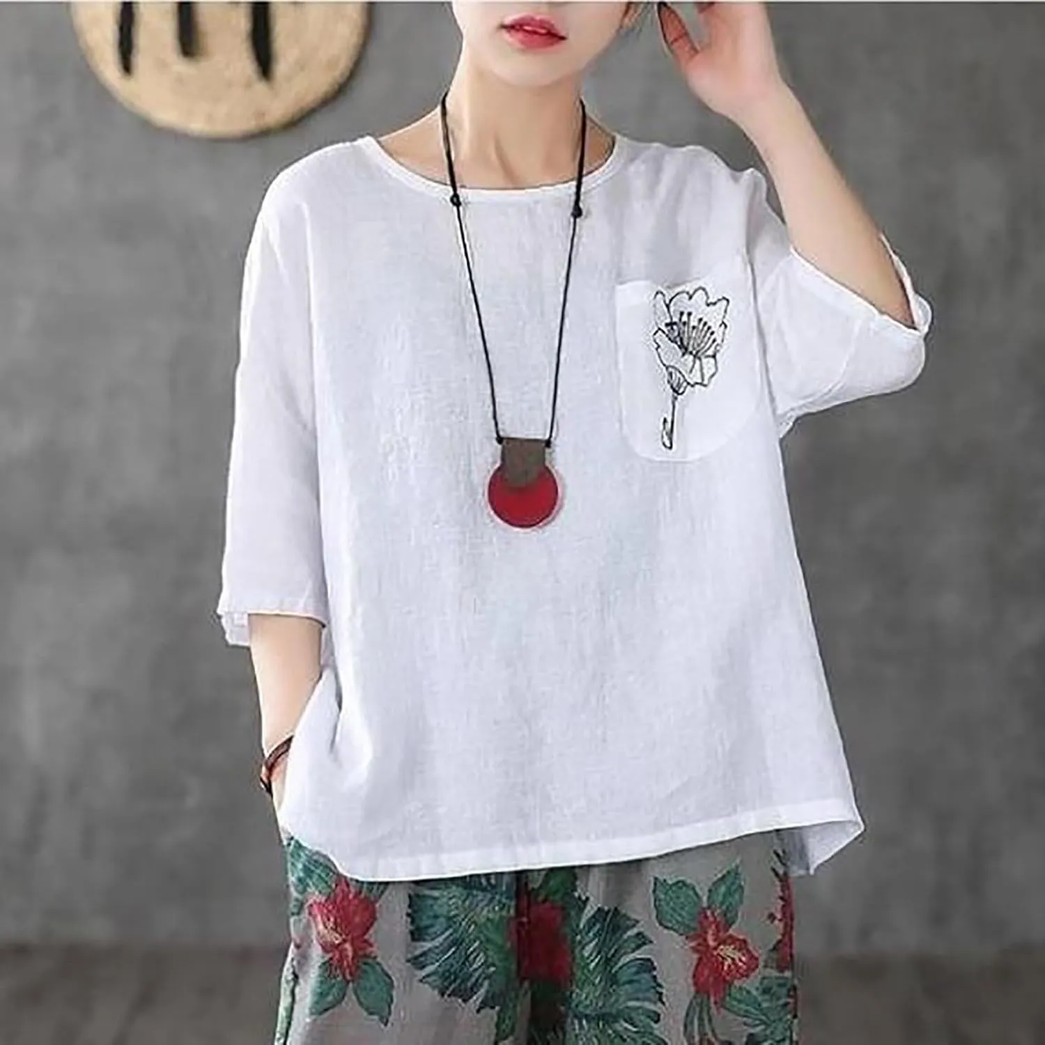 Womens Cotton Linen T-Shirts Casual Crewneck Short Sleeve Tops Summer Holiday Lounge Tees Vacation Blouses