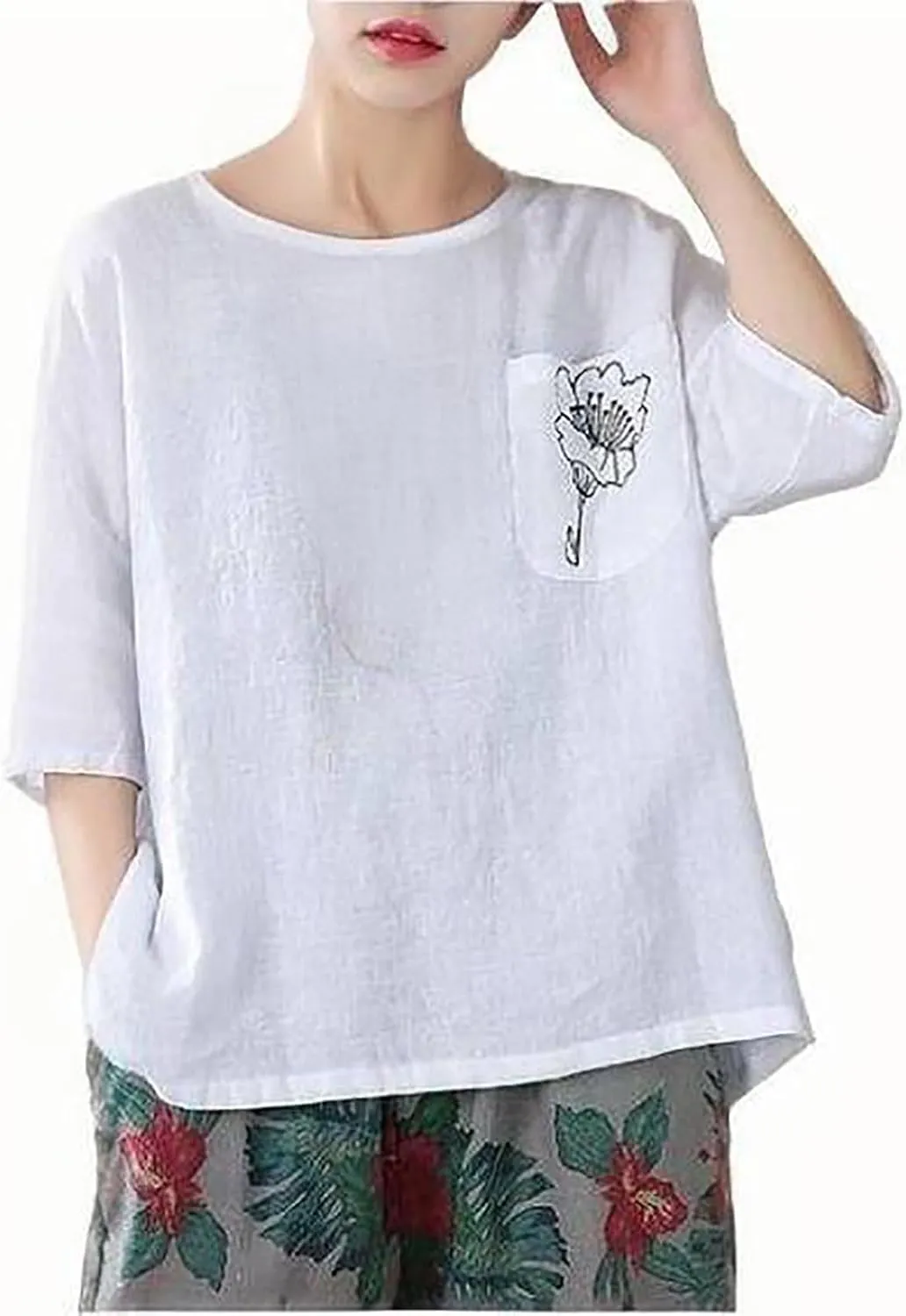 Womens Cotton Linen T-Shirts Casual Crewneck Short Sleeve Tops Summer Holiday Lounge Tees Vacation Blouses