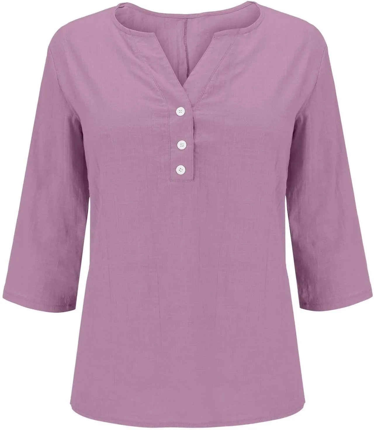 Womens Cotton Linen Tops 3/4 Length Sleeve Henley Shirts Basic V Neck Button Tee Blouses Casual Work Tunic Summer Top