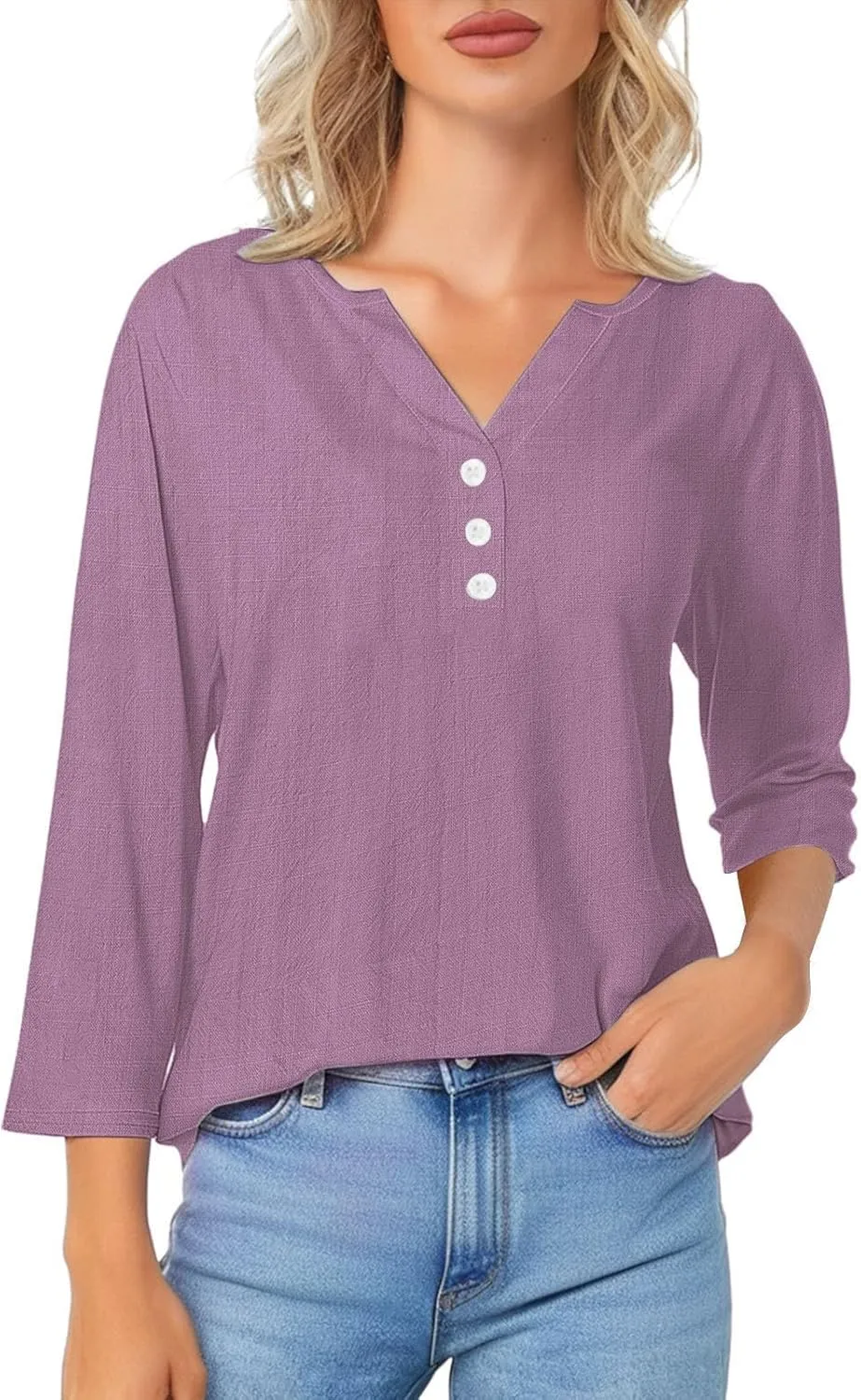 Womens Cotton Linen Tops 3/4 Length Sleeve Henley Shirts Basic V Neck Button Tee Blouses Casual Work Tunic Summer Top