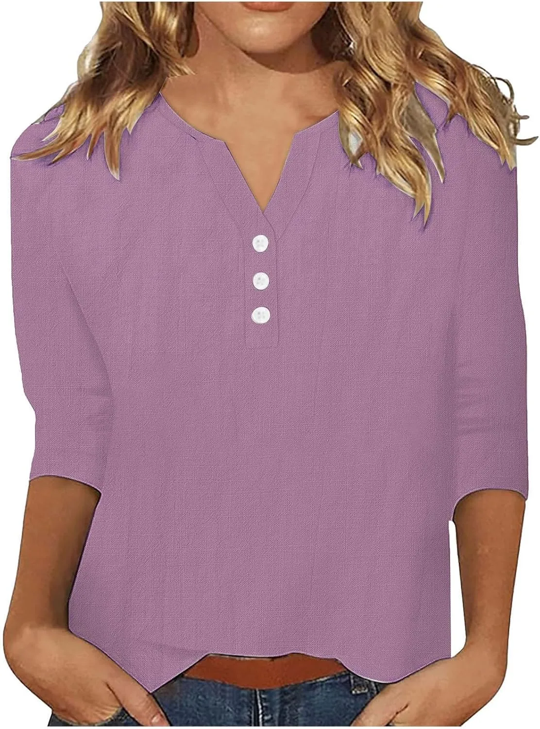 Womens Cotton Linen Tops 3/4 Length Sleeve Henley Shirts Basic V Neck Button Tee Blouses Casual Work Tunic Summer Top