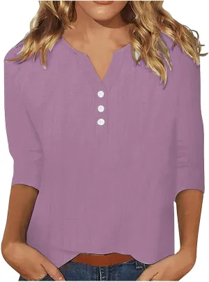 Womens Cotton Linen Tops 3/4 Length Sleeve Henley Shirts Basic V Neck Button Tee Blouses Casual Work Tunic Summer Top