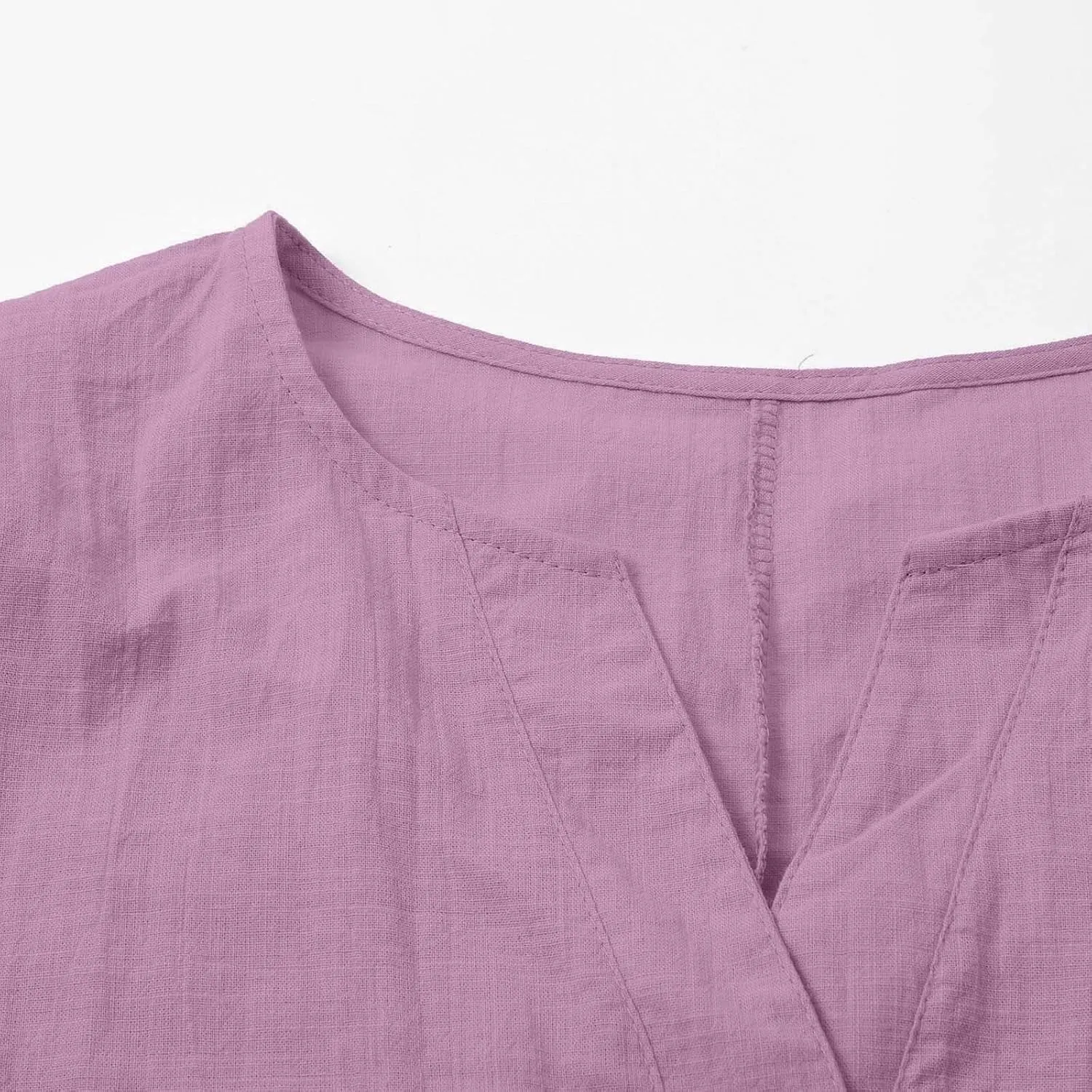 Womens Cotton Linen Tops 3/4 Length Sleeve Henley Shirts Basic V Neck Button Tee Blouses Casual Work Tunic Summer Top