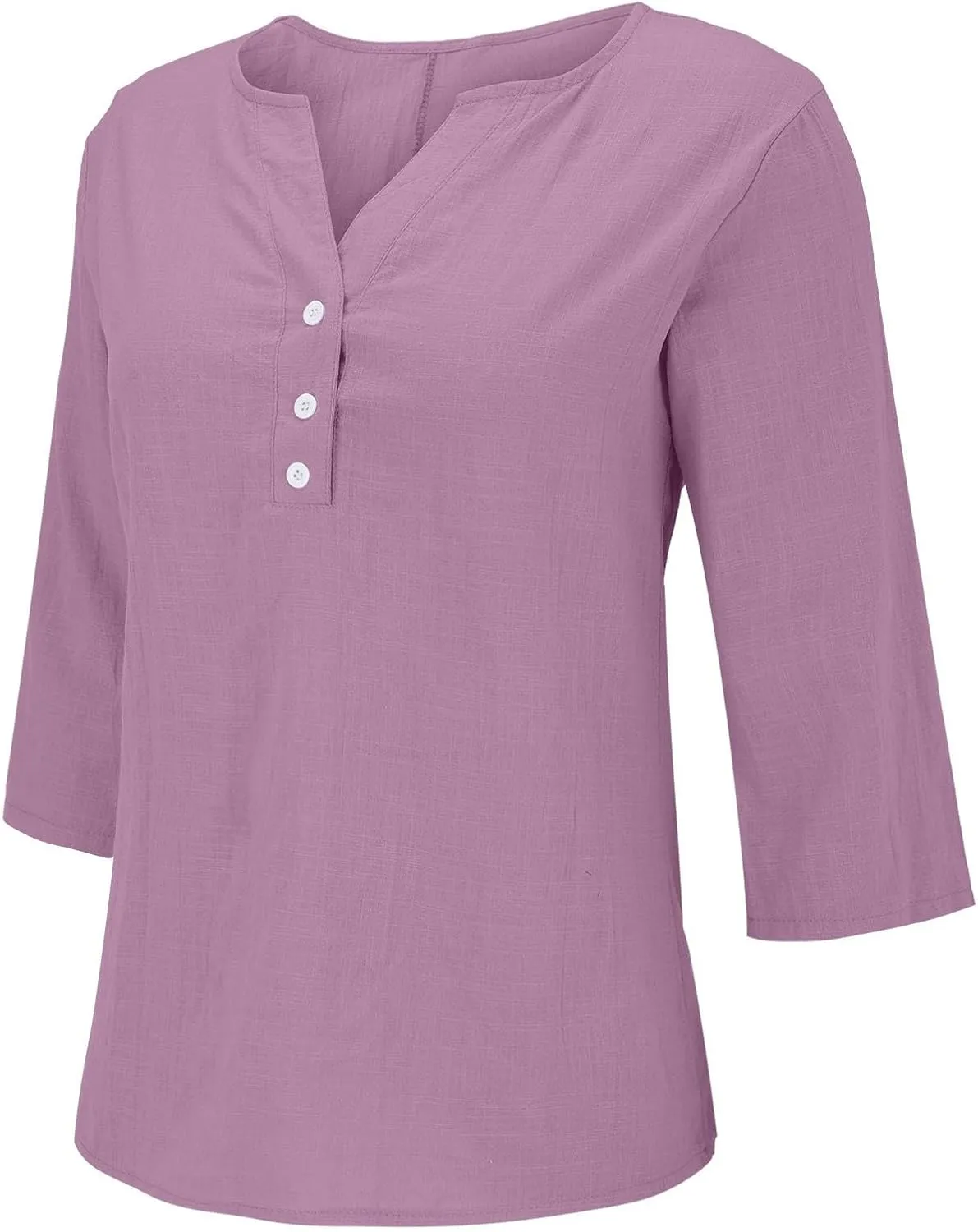 Womens Cotton Linen Tops 3/4 Length Sleeve Henley Shirts Basic V Neck Button Tee Blouses Casual Work Tunic Summer Top