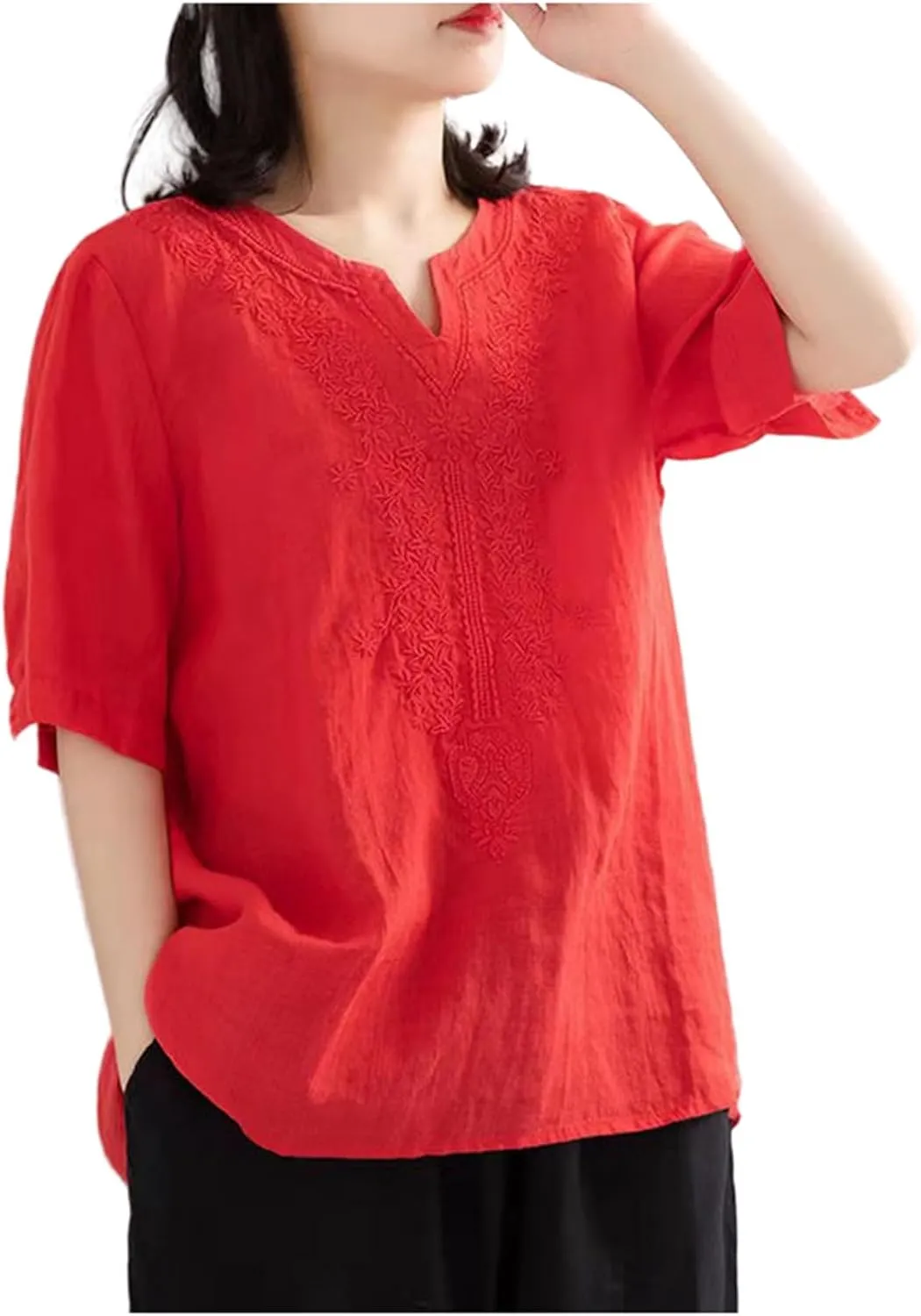 Women's Cotton Linen Tops Summer Half Sleeve T Shirts Summer Crew Neck Casual Blouse Boho Vintage Embroidery Tops