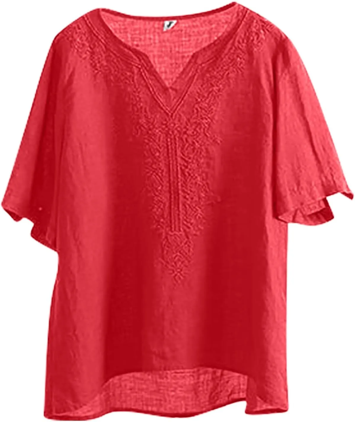 Women's Cotton Linen Tops Summer Half Sleeve T Shirts Summer Crew Neck Casual Blouse Boho Vintage Embroidery Tops