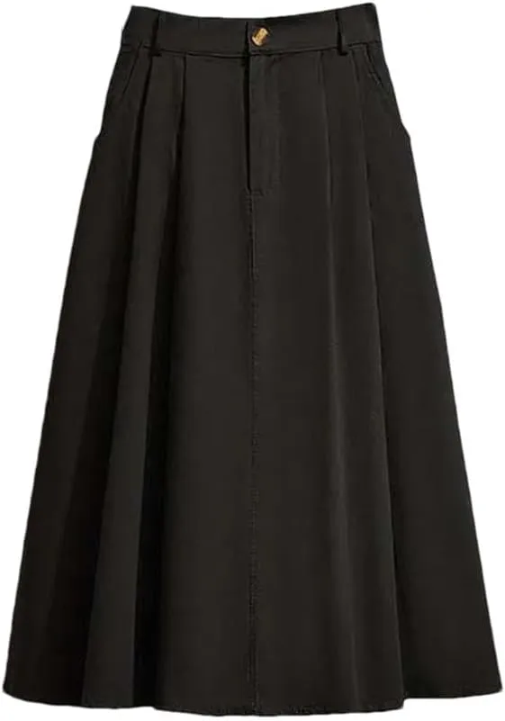 Women's Cotton Pocket Stretch High Waist A-Line Midi Skirt