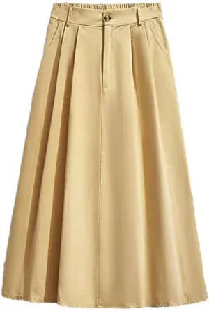 Women's Cotton Pocket Stretch High Waist A-Line Midi Skirt