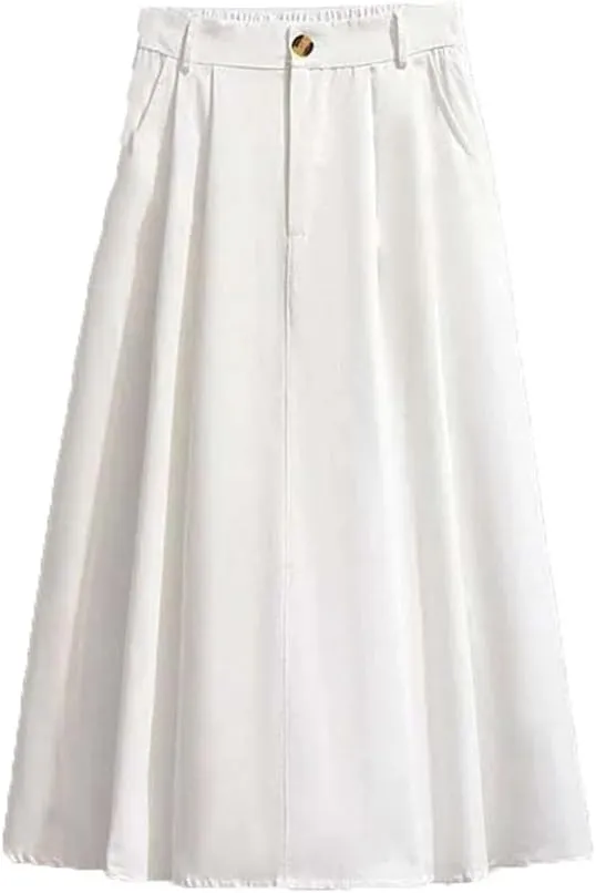 Women's Cotton Pocket Stretch High Waist A-Line Midi Skirt