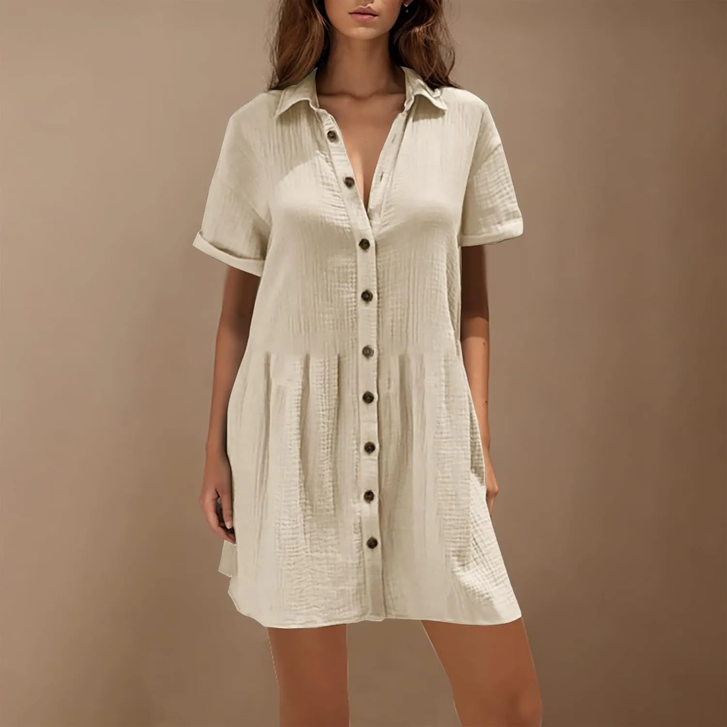Women's Cotton Shirt Dresses Summer Breathable Turndown Collar Short Sleeve Button Down Baggy Flowy Mini Dress
