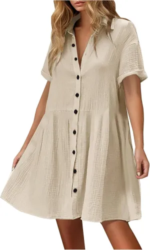 Women's Cotton Shirt Dresses Summer Breathable Turndown Collar Short Sleeve Button Down Baggy Flowy Mini Dress