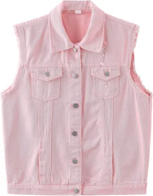 Womens Cute Sleeveless Distressed Slim Fit Denim Jean Crop Jacket Vest
