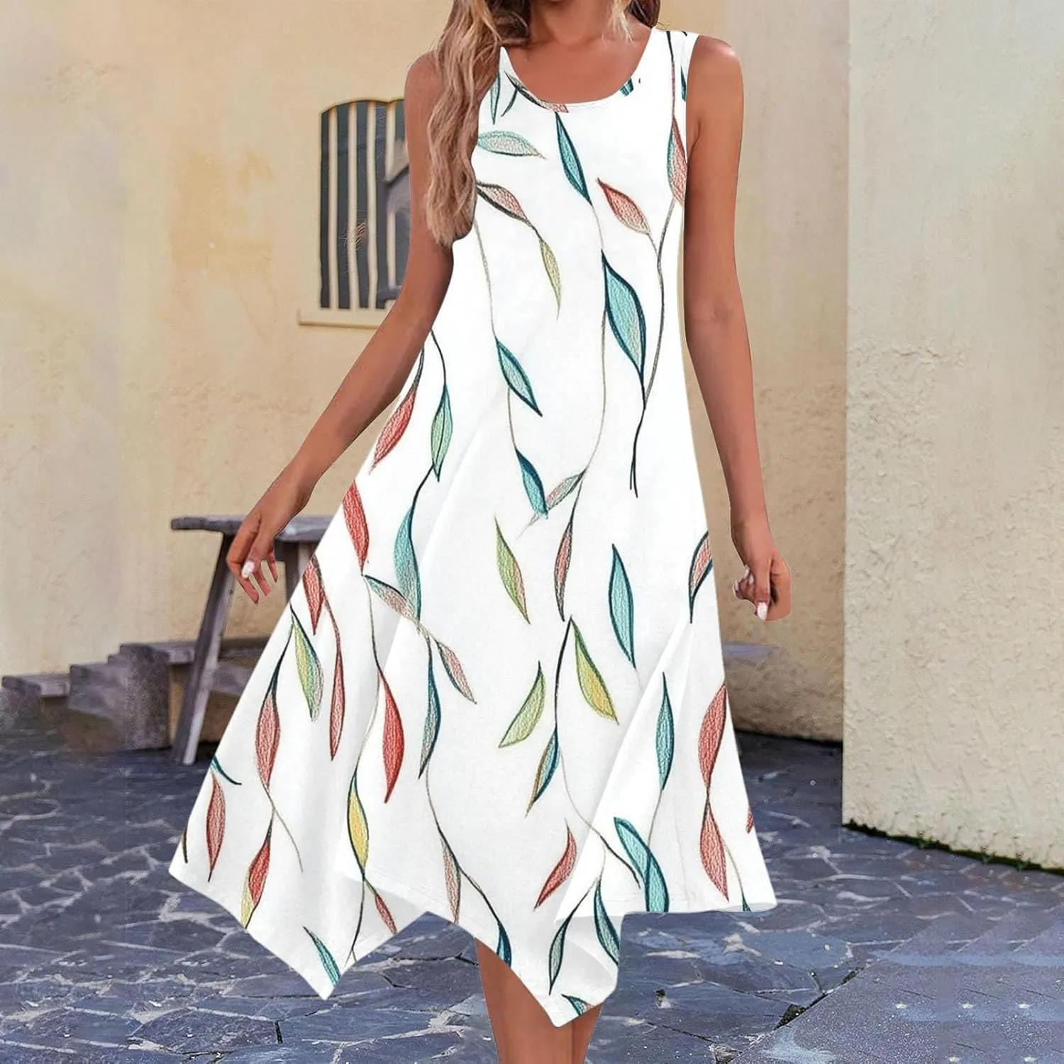 Womens Dresses Casual Summer Fashion Flowy Sleeveless Tank Sundress Crewneck Beach Vacation Swing Long Maxi Dresses