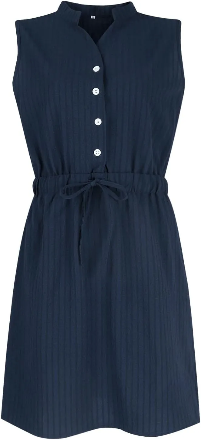 Womens Dresses Summer 2024 Trendy Sleeveless Dress Button V Neck Dress Drawstring Midi Dress Beach Sun Dresses