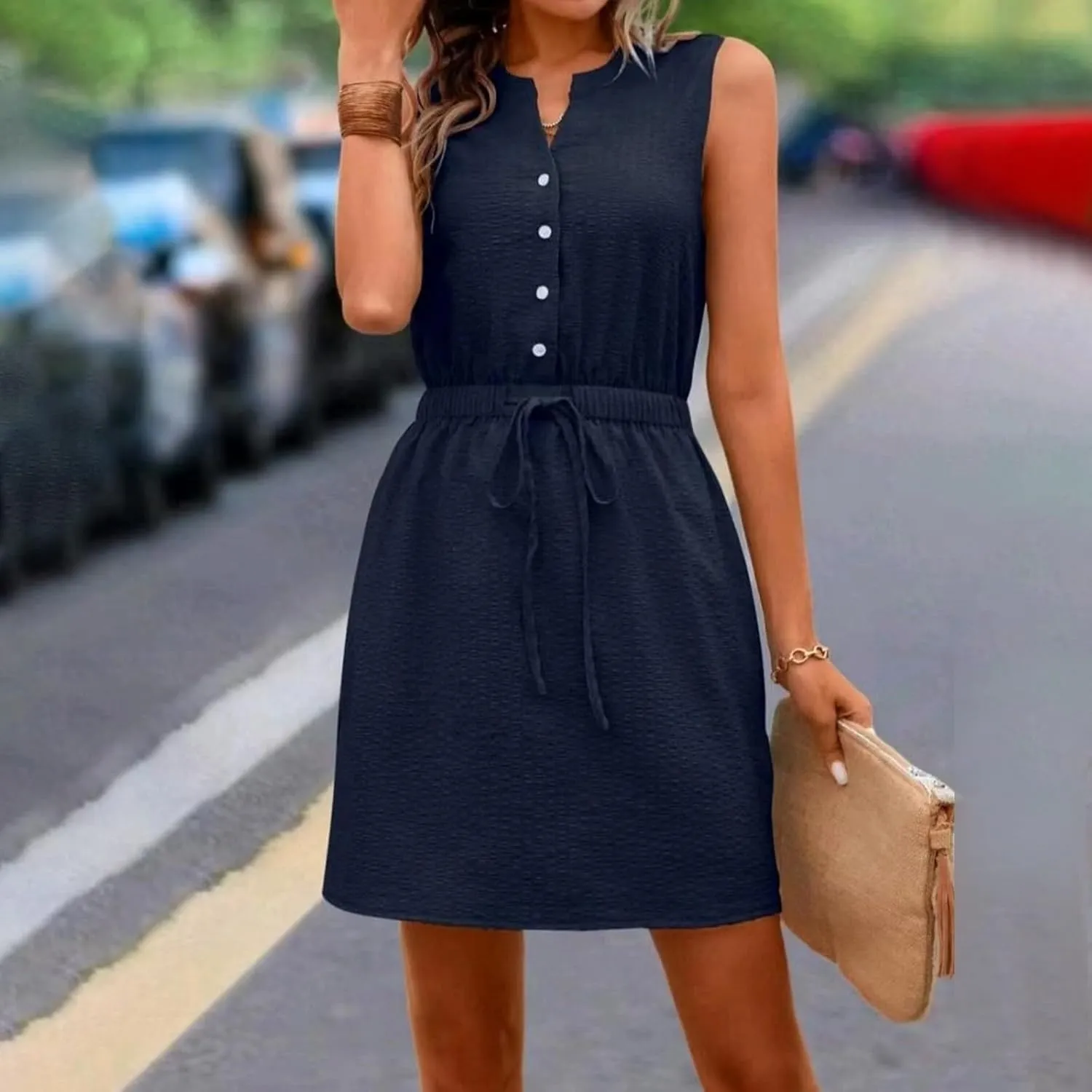 Womens Dresses Summer 2024 Trendy Sleeveless Dress Button V Neck Dress Drawstring Midi Dress Beach Sun Dresses