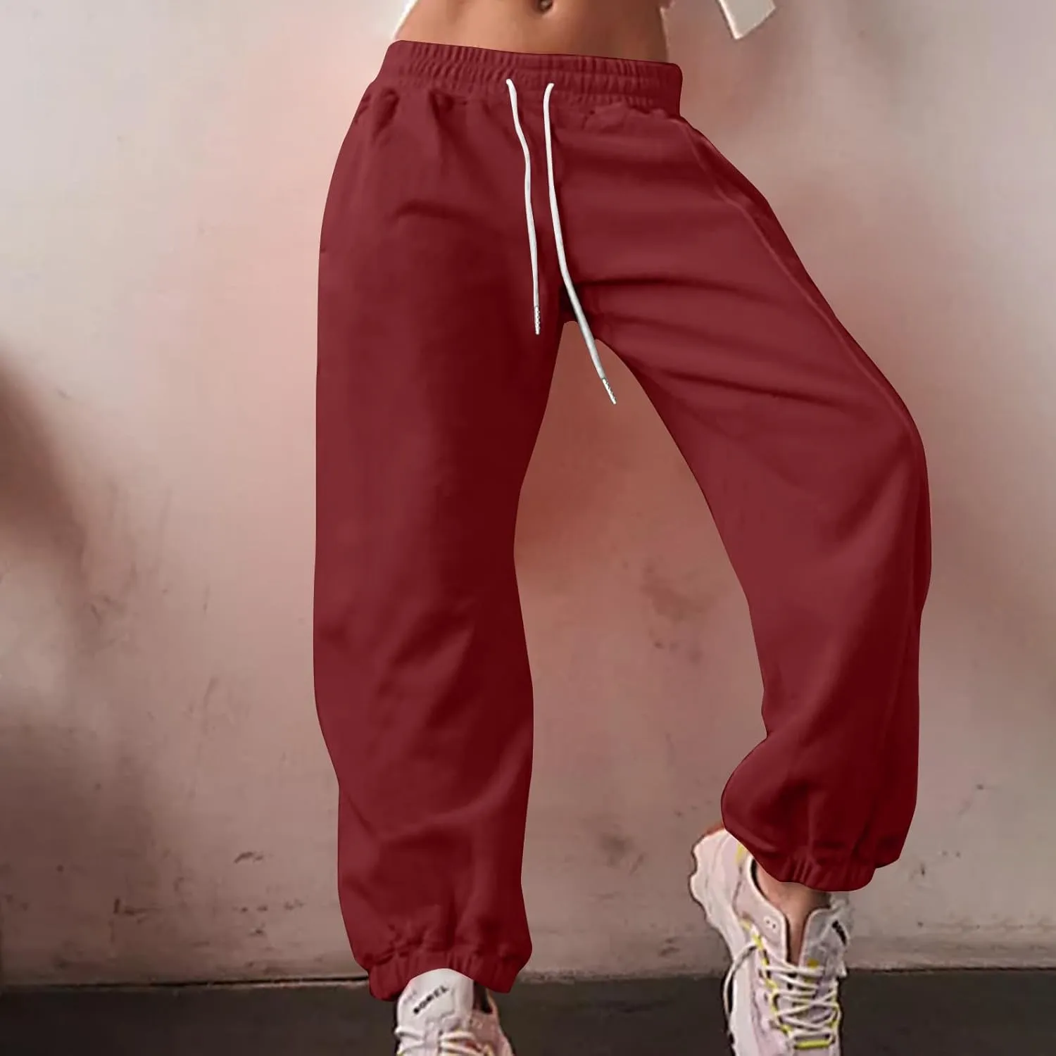 Women's Fall Sweatpants Fleece Lined Casual Pants Drawstring Jogger Pants High Waisted Baggy Pants Comfy Lounge Pants
