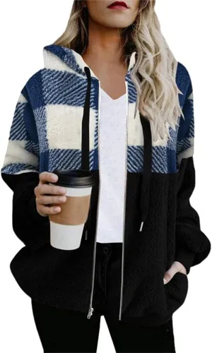 Womens Fleece Hoodies Jacket Casual Plaid Patchwork Color Block Zip Up Hooded Jackets Long Sleeve Coats