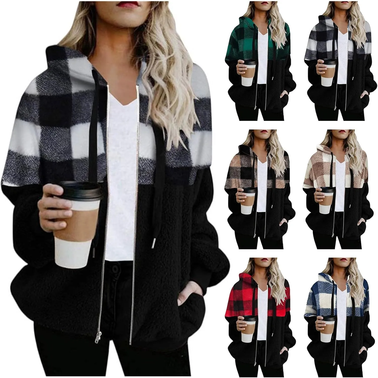 Womens Fleece Hoodies Jacket Casual Plaid Patchwork Color Block Zip Up Hooded Jackets Long Sleeve Coats