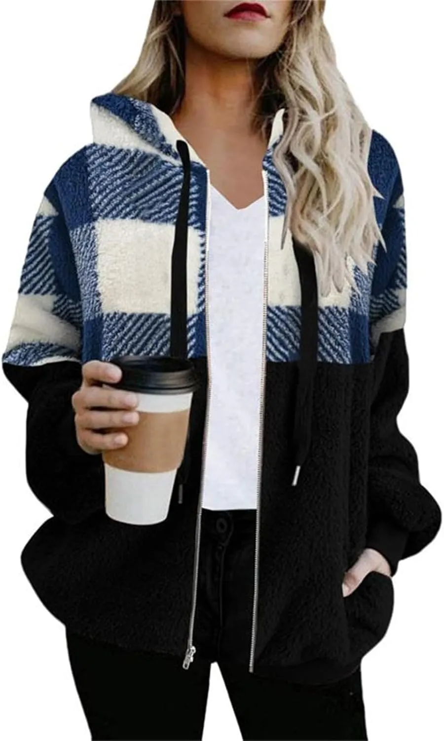 Womens Fleece Hoodies Jacket Casual Plaid Patchwork Color Block Zip Up Hooded Jackets Long Sleeve Coats