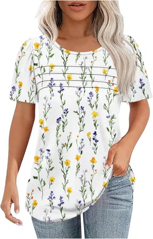 Women's Floral Graphic Short Sleeve Crewneck Tee Loose Fit for Summer Trendy Clothes