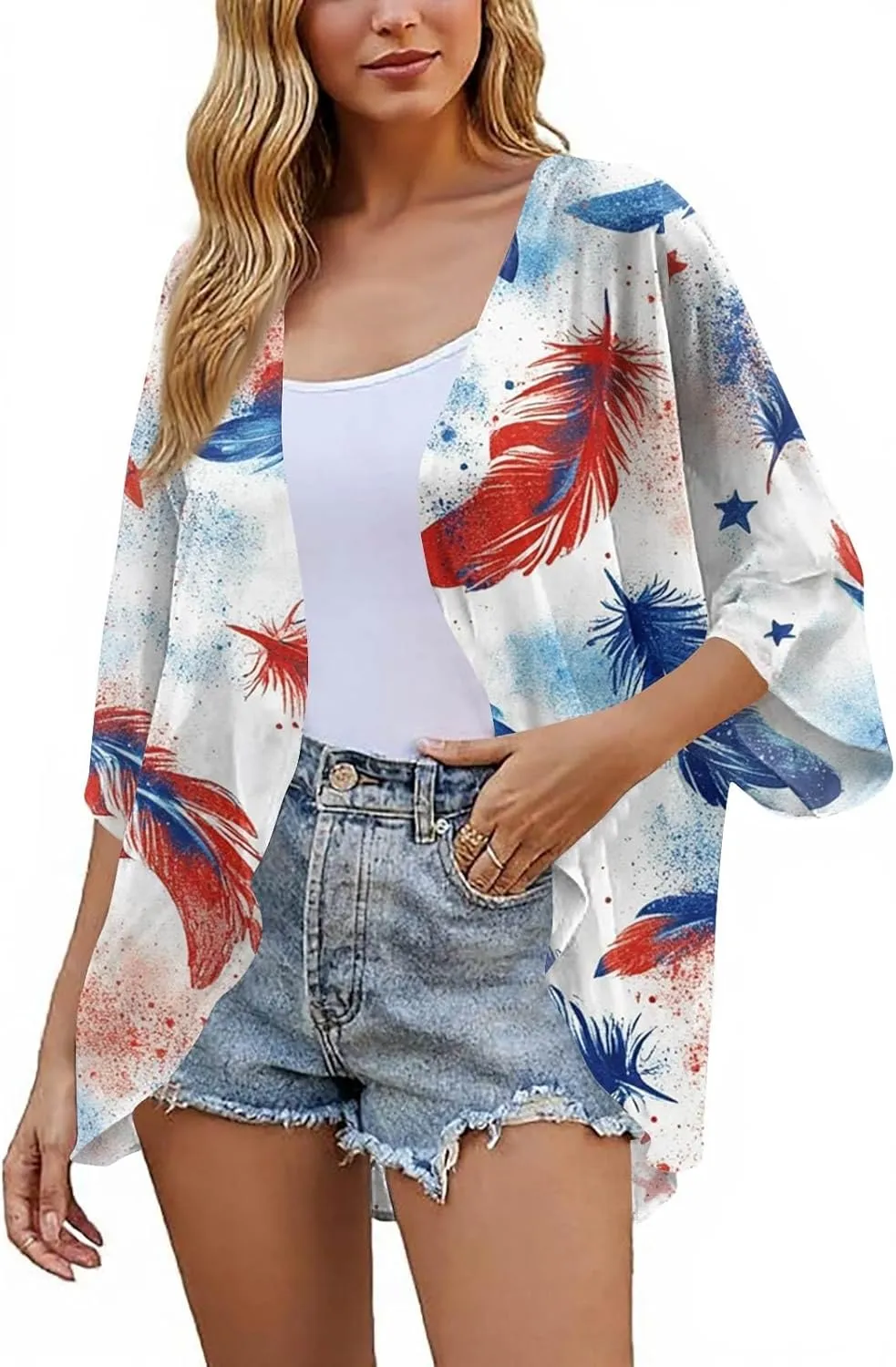 Women's Floral Print Puff Sleeve Kimono Cardigan Loose Cover Up Casual Blouse Tops